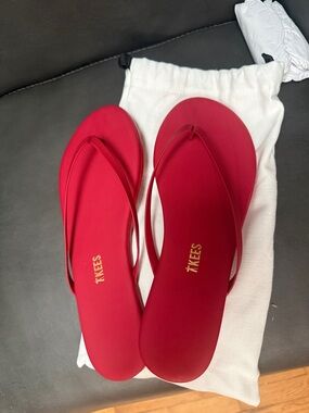 TKEES Bright Red Slim Strap Flip Flop Sandals
